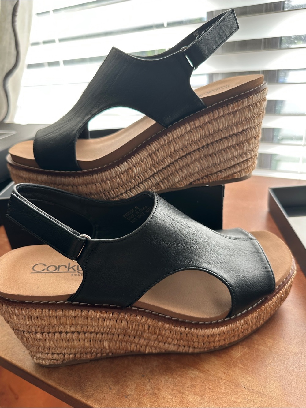 NIB Corkys Black Leather Slingback Wedge Sandals with Espadrille Platform - Picture 10 of 13